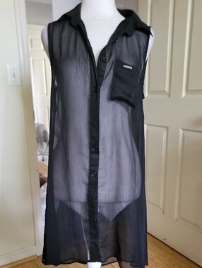 Jones New York Sheer Black Sleeveless Button-Front Women's Top